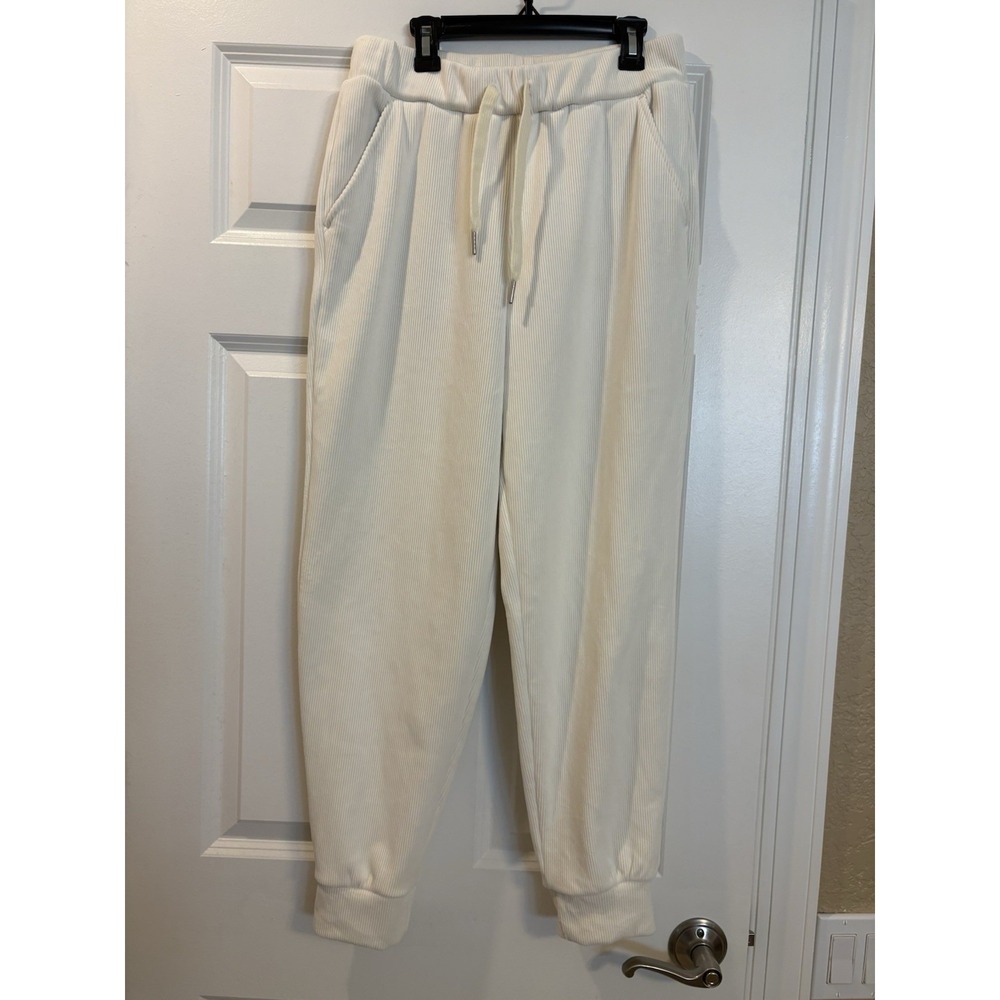 Halara Ribbed Knit Fleece Casual Joggers, Ivory, Small, Athleisure